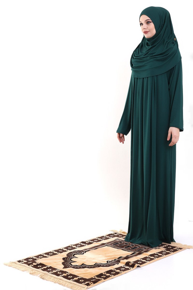 One Piece Practical Prayer Dress with Robe and Headscarf Emerald Green - TryAladdin