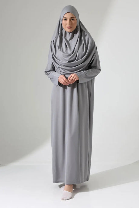 One Piece Prayer Dress with Headscarf - Gray - TryAladdin