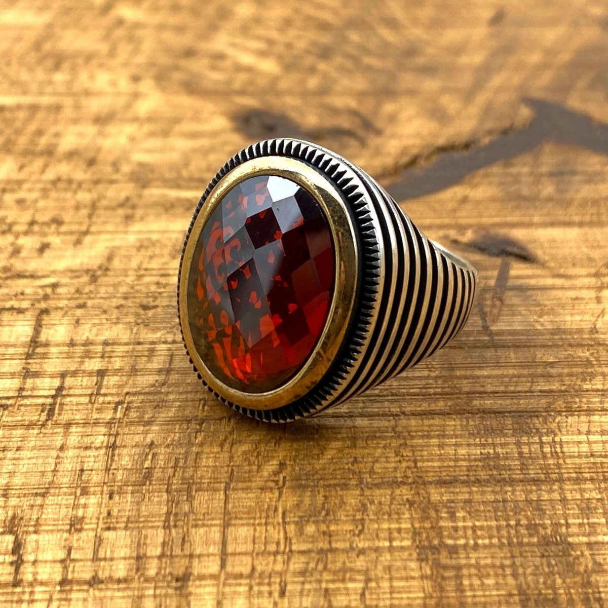 Oval Zircon Red Stone Handmade Silver Men's Ring - TryAladdin