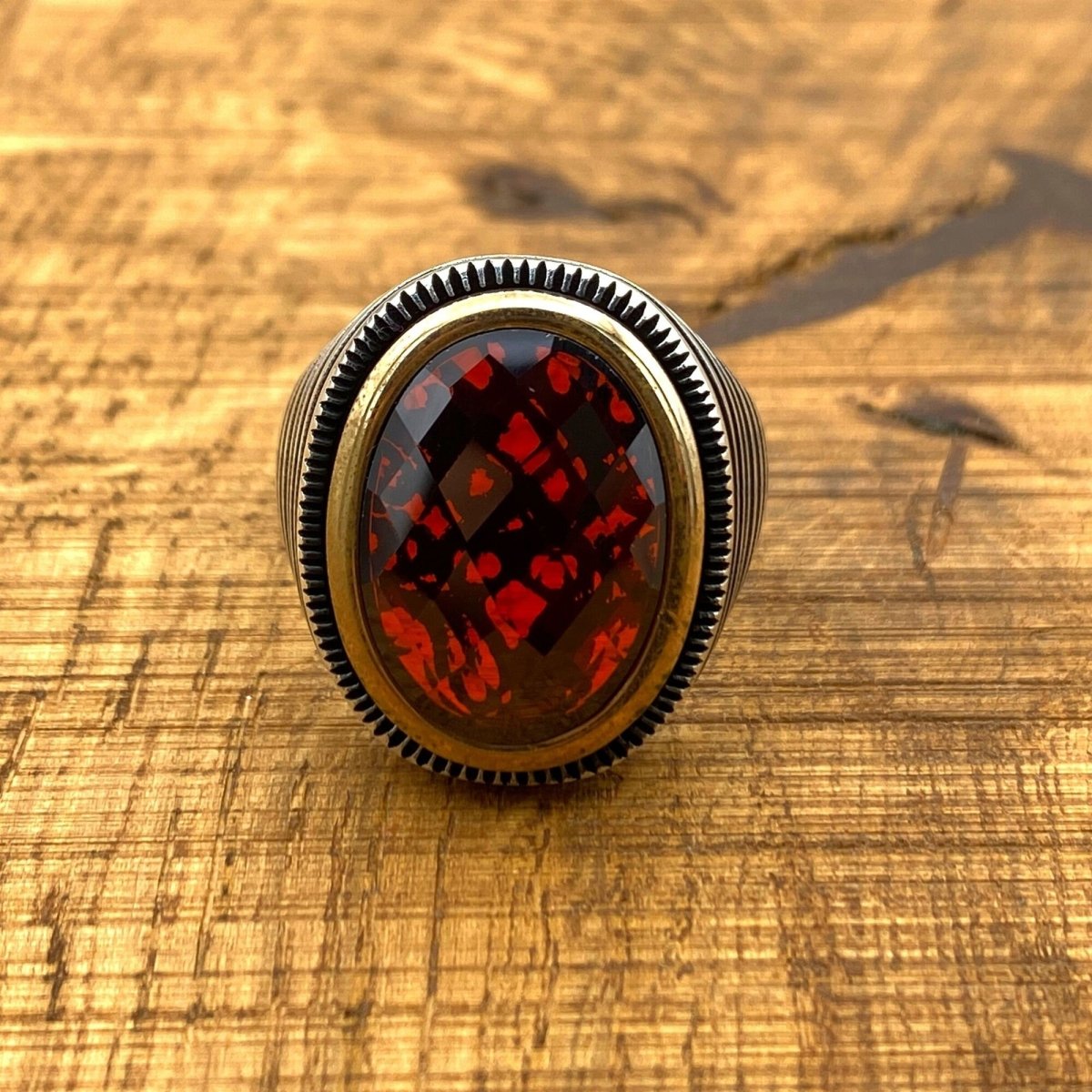 Oval Zircon Red Stone Handmade Silver Men's Ring - TryAladdin