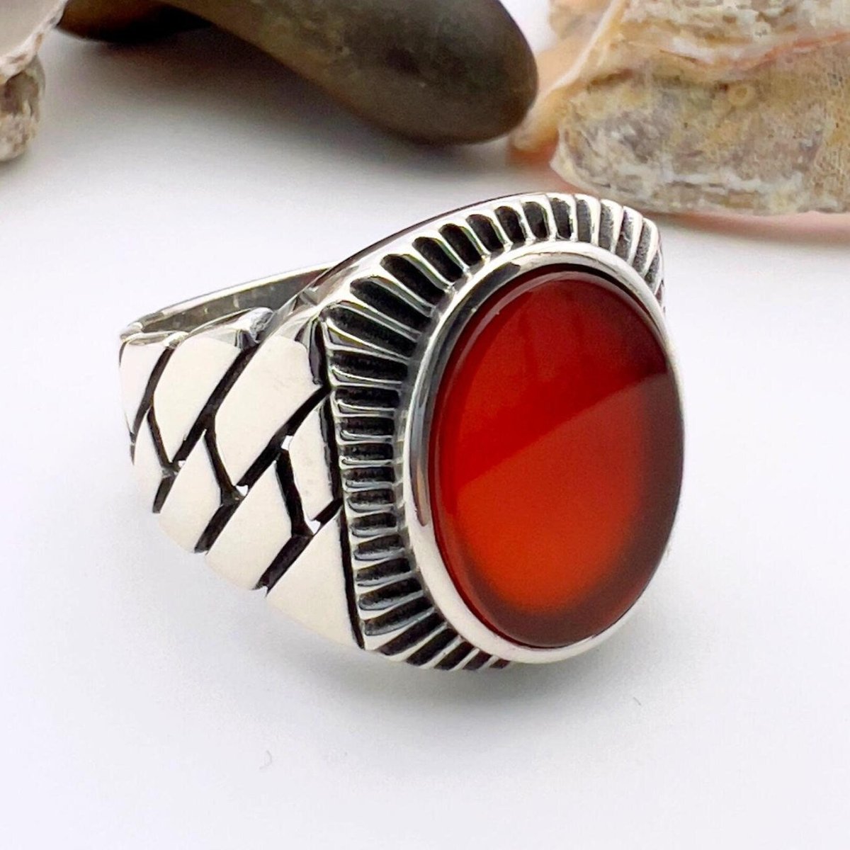 Red Oval Agate Stone Men's Silver Ring - TryAladdin