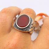 Red Oval Agate Stone Men's Silver Ring - TryAladdin