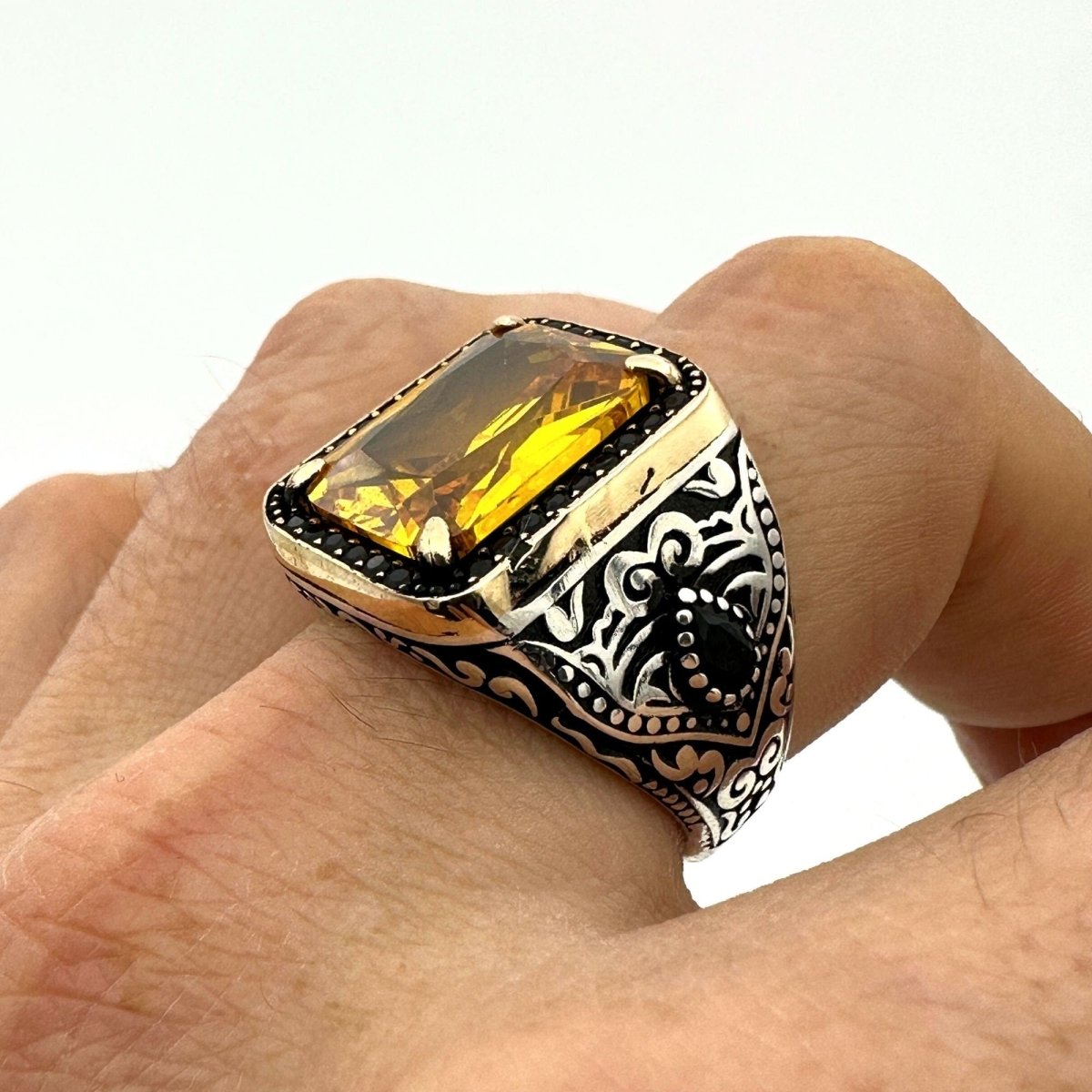 Square Yellow Citrine Stone Men's Ring - TryAladdin