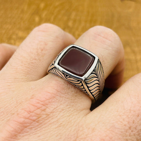 Sterling Silver 925 Handmade Red Agate Men's Ring - TryAladdin