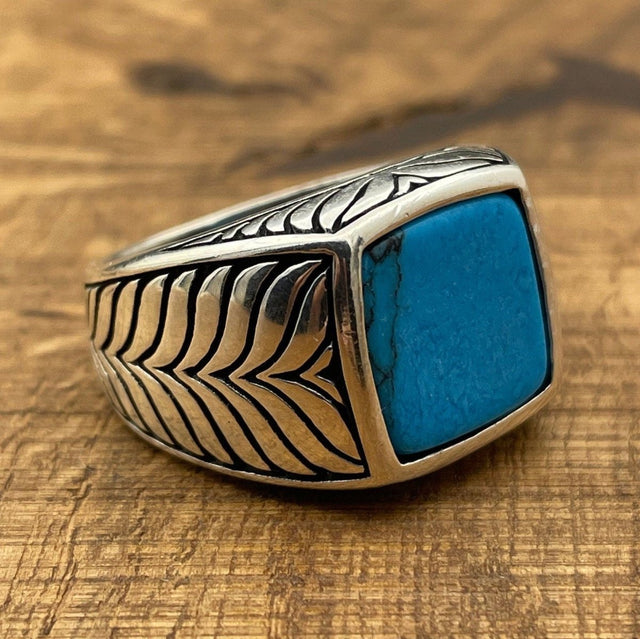 Sterling Silver 925 Handmade Turquoise Men's Ring - TryAladdin