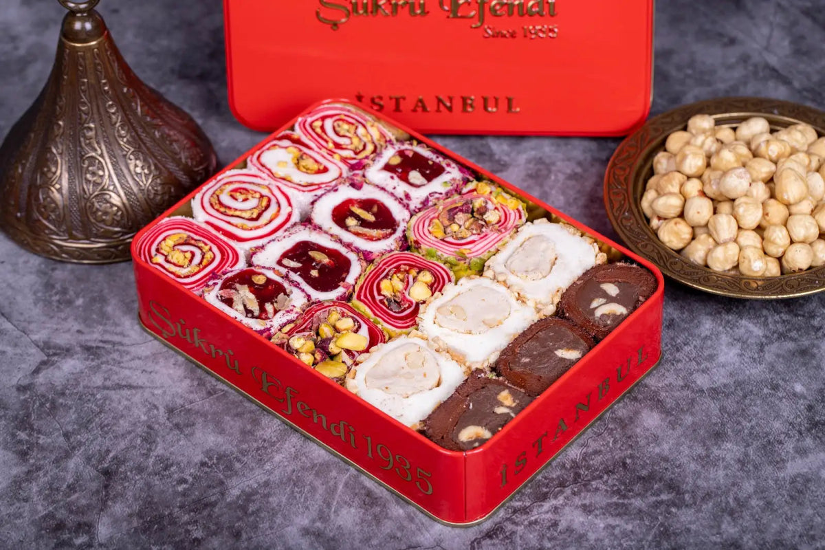 Sukru Efendi 1935 | Mix Turkish Delight Wraps with Pistachio and Hazelnut in Gift Metal Box - TryAladdin