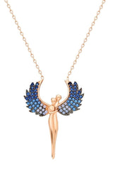 Taki | Hugging Couple Silver Necklace with Blue Stone Michael Angel Wings - TryAladdin