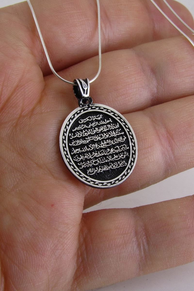 Taki | Silver Ayatal Kursi Islamic Motivated Necklace Oval Model Stone - Free Chain - TryAladdin