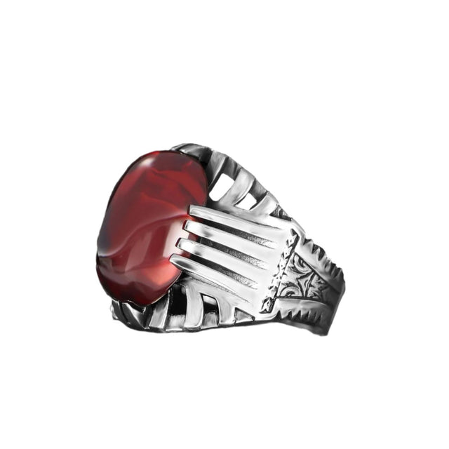 Tesbihevim | Men's Silver Ring with Red Agate Stone - TryAladdin