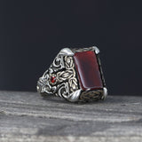 Tesbihevim | Patterned Model Red Agate Stone Silver Ring for Men - TryAladdin