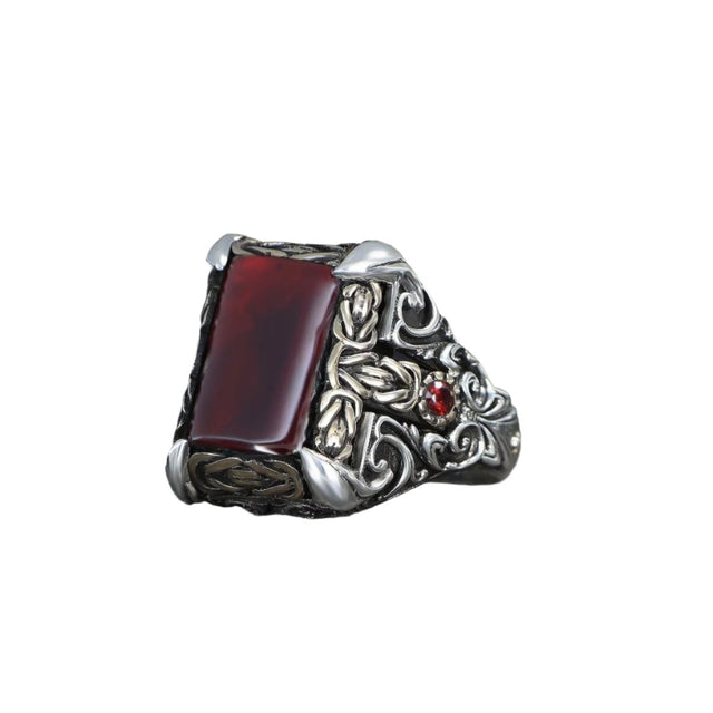 Tesbihevim | Patterned Model Red Agate Stone Silver Ring for Men - TryAladdin