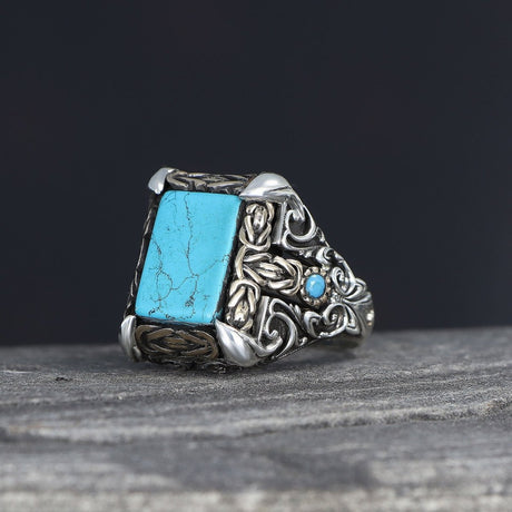 Tesbihevim | Patterned Model Turquoise Stone Silver Ring for Men - TryAladdin