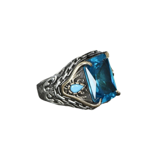 Tesbihevim | Silver Men's Ring with Chain Series Aqua Marin Stone - TryAladdin