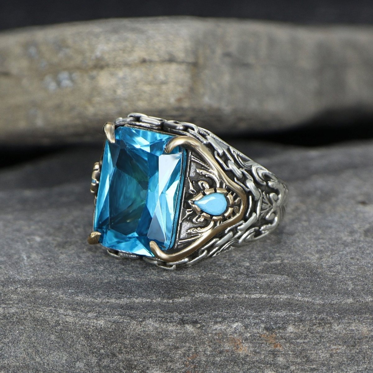 Tesbihevim | Silver Men's Ring with Chain Series Aqua Marin Stone - TryAladdin