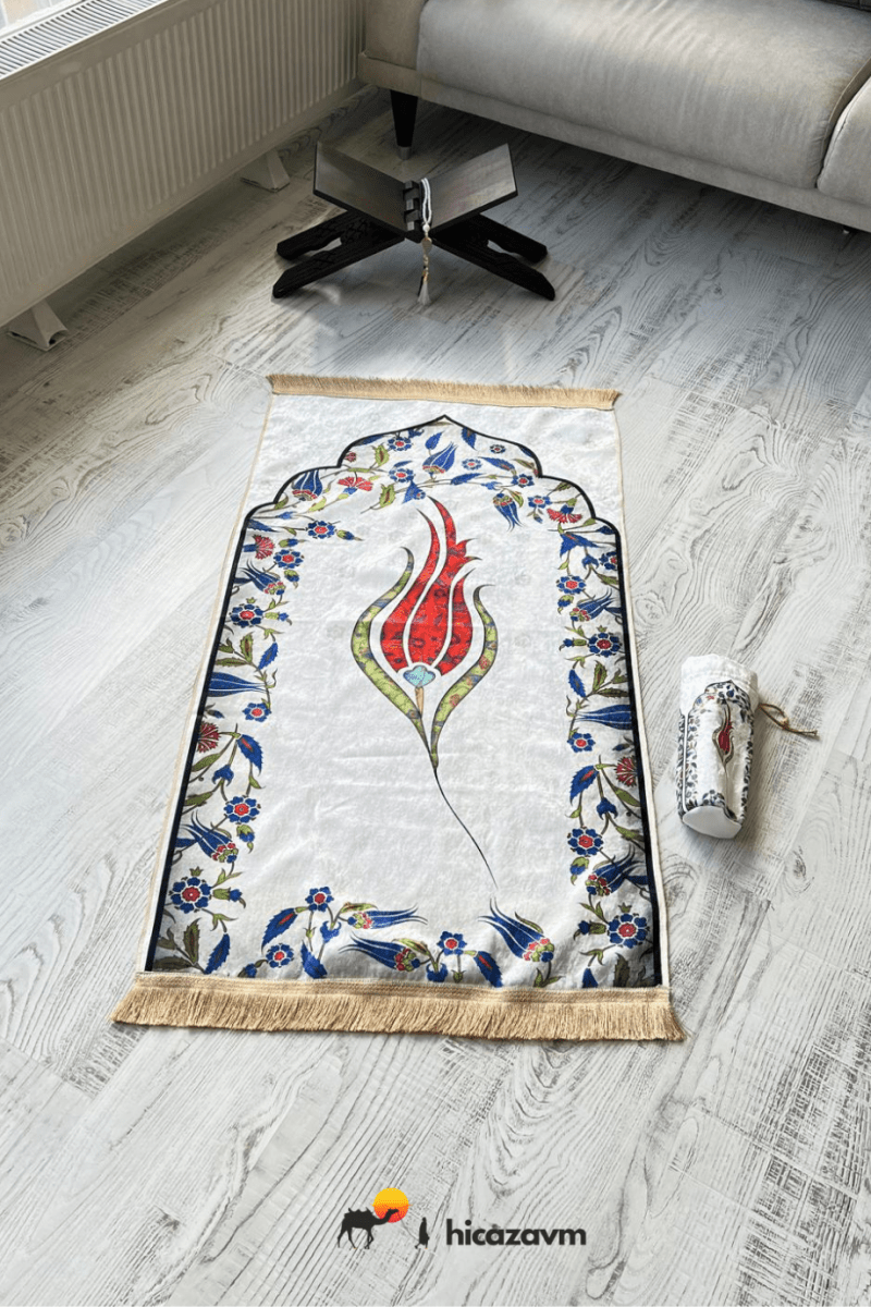 Tulip Marbled Prayer Rug with Bag (Blue and Red) - TryAladdin