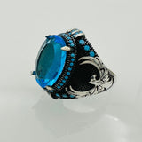 Turkish Handmade Men's Aquamarine Eagle Silver Ring - TryAladdin