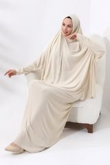 Two Piece Practical Prayer Dress with Pearls and Stones, Top and Bottom Cream - TryAladdin