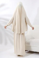 Two Piece Practical Prayer Dress with Pearls and Stones, Top and Bottom Cream - TryAladdin