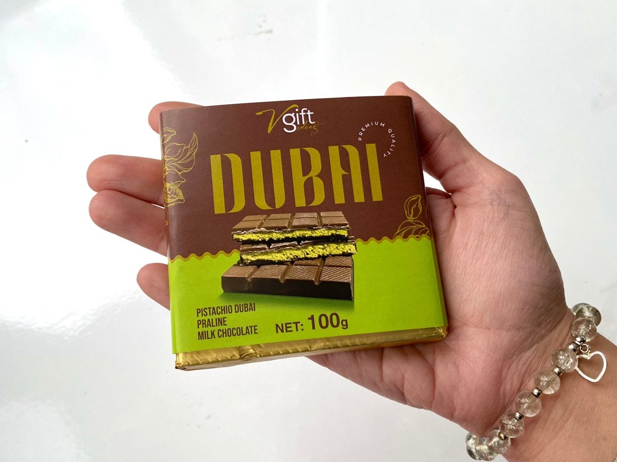 V - Gift Pistachio Praline Dubai Chocolate Bar – Crispy & Nutty Delight - TryAladdin