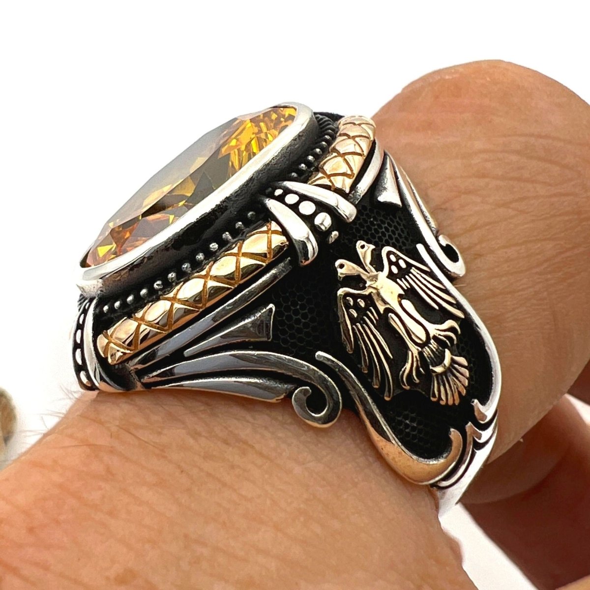 Yellow Citrine Double Headed Eagle Ring - TryAladdin