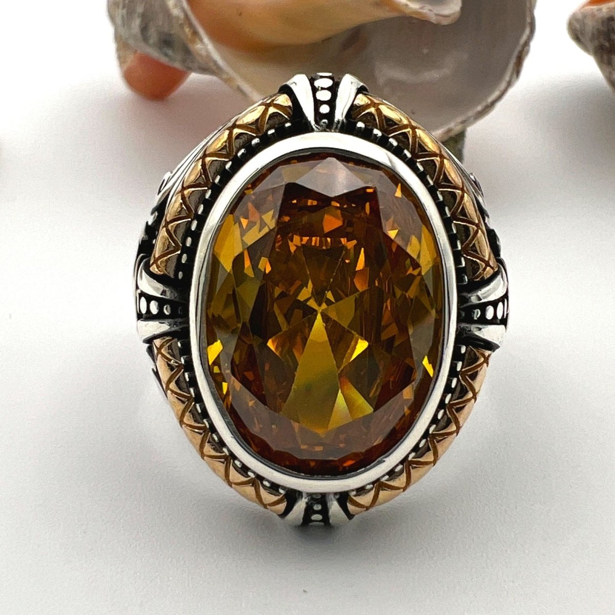 Yellow Citrine Stone Double Headed Eagle Ring - TryAladdin