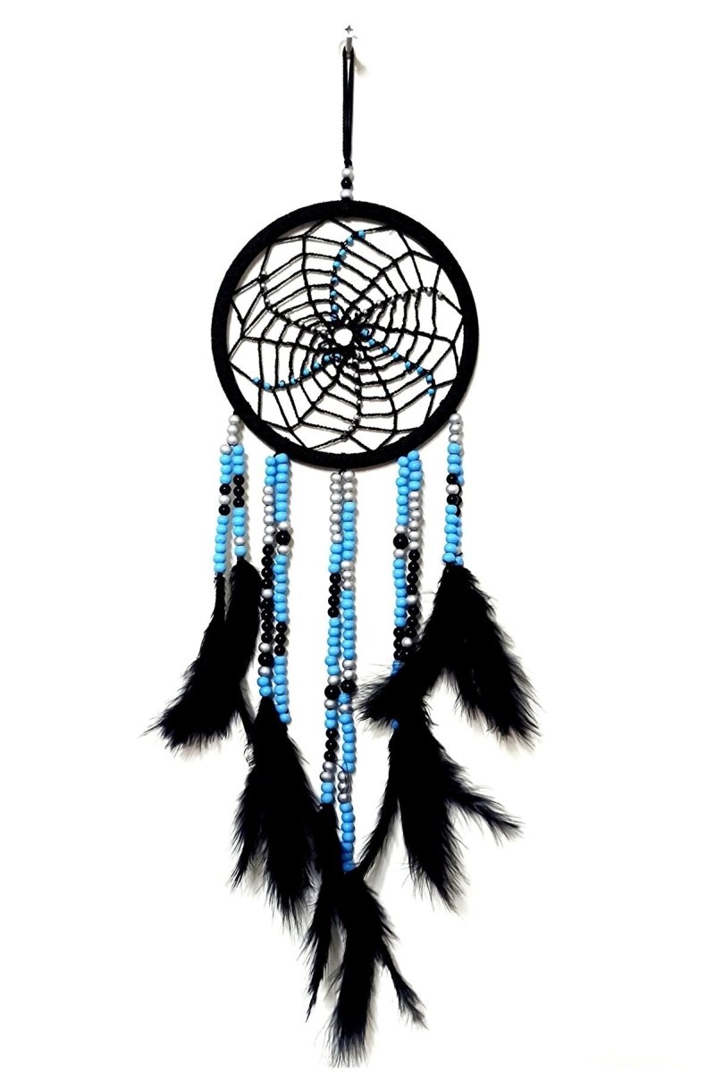 Black and Blue Beaded Bird Furry Black Dream Dream Catcher Wall Ornament - TryAladdin