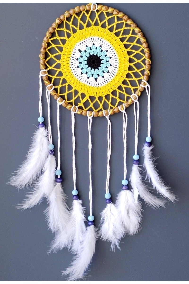 Dream Catcher with Nazar Bead Motif Handmade Yellow Wall Ornament - TryAladdin