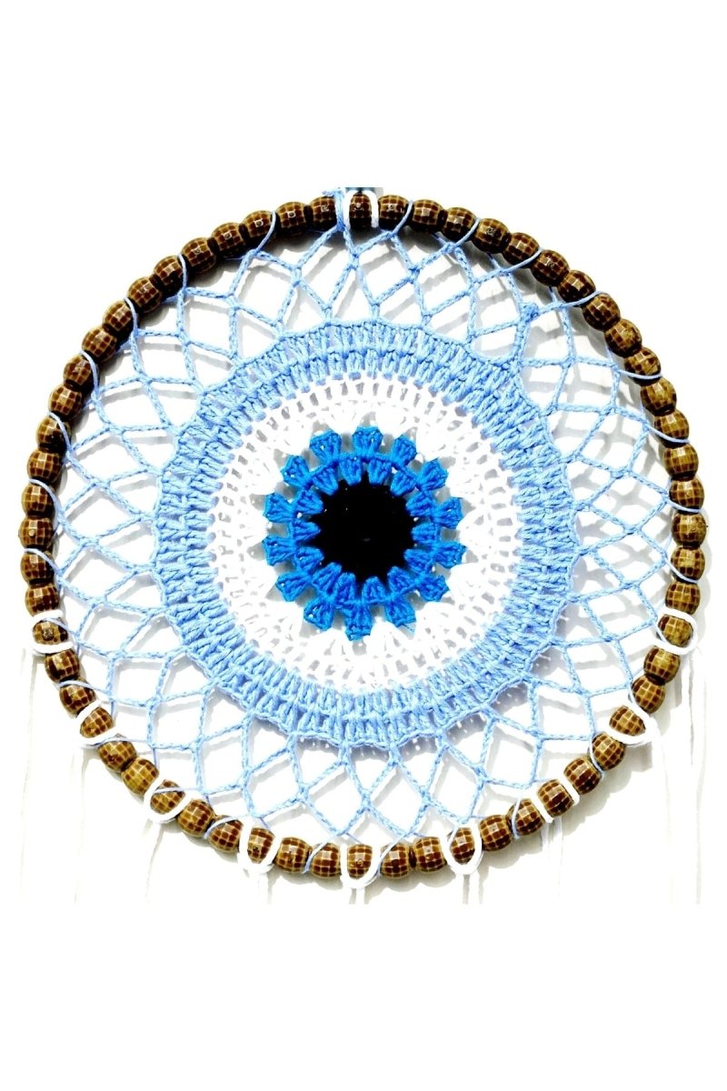 Handmade Ice Blue Dream Catcher Wall Ornament with Nazar Bead Motif - TryAladdin