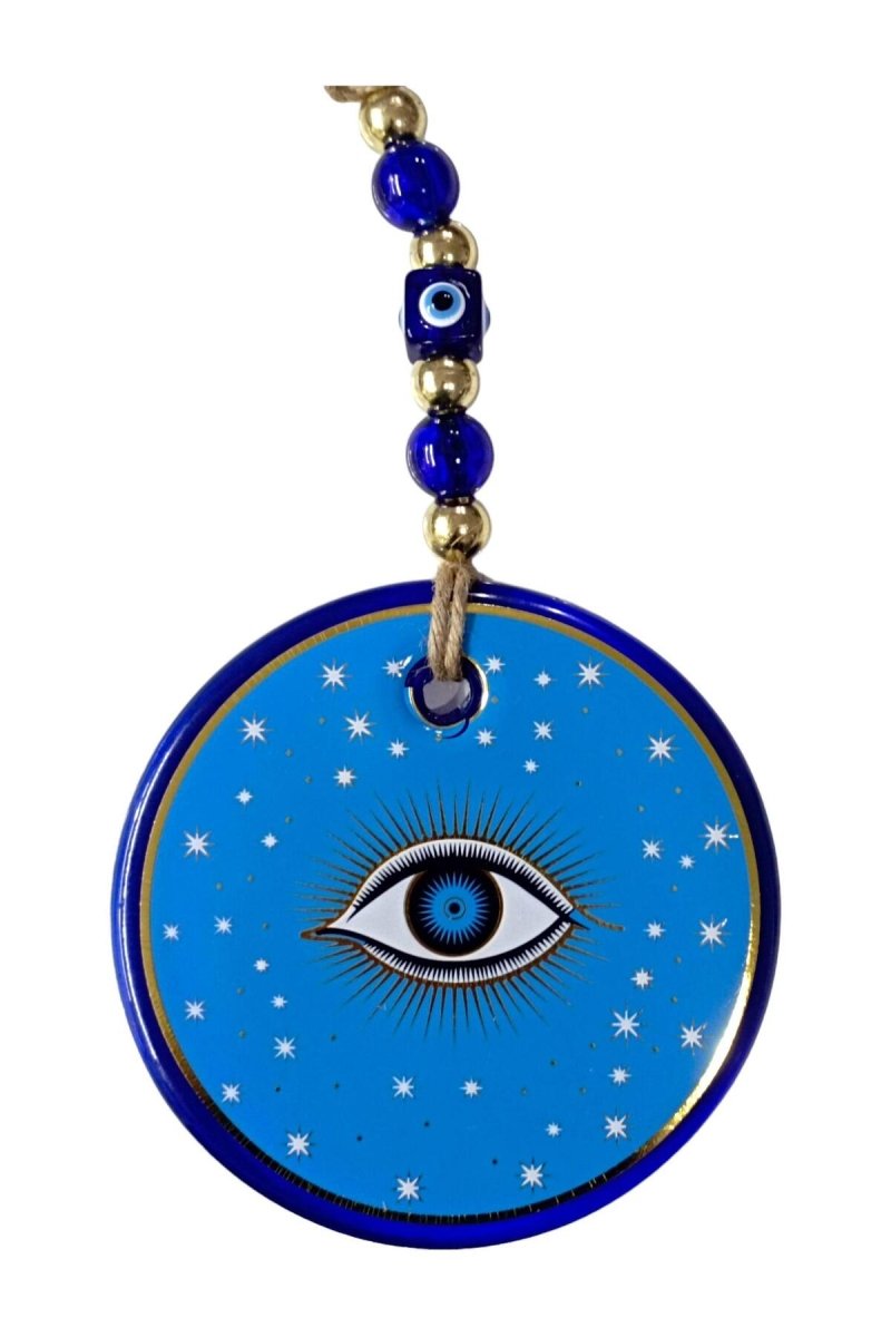 Light Blue Star Embroidered Eye Model Wall Ornament with Nazar Beads - TryAladdin