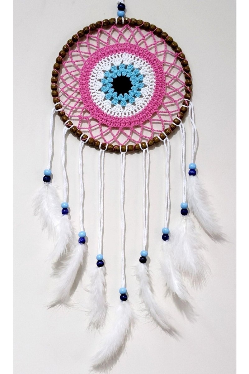 Nazar Bead Motif Dream Catcher Handmade Pink Wall Ornament - TryAladdin